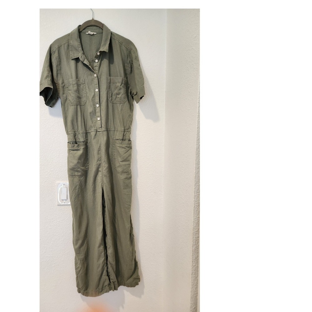 Caslon Olive‎ Linen Blend Utility Jumpsuit M Button Front Short Sleeve